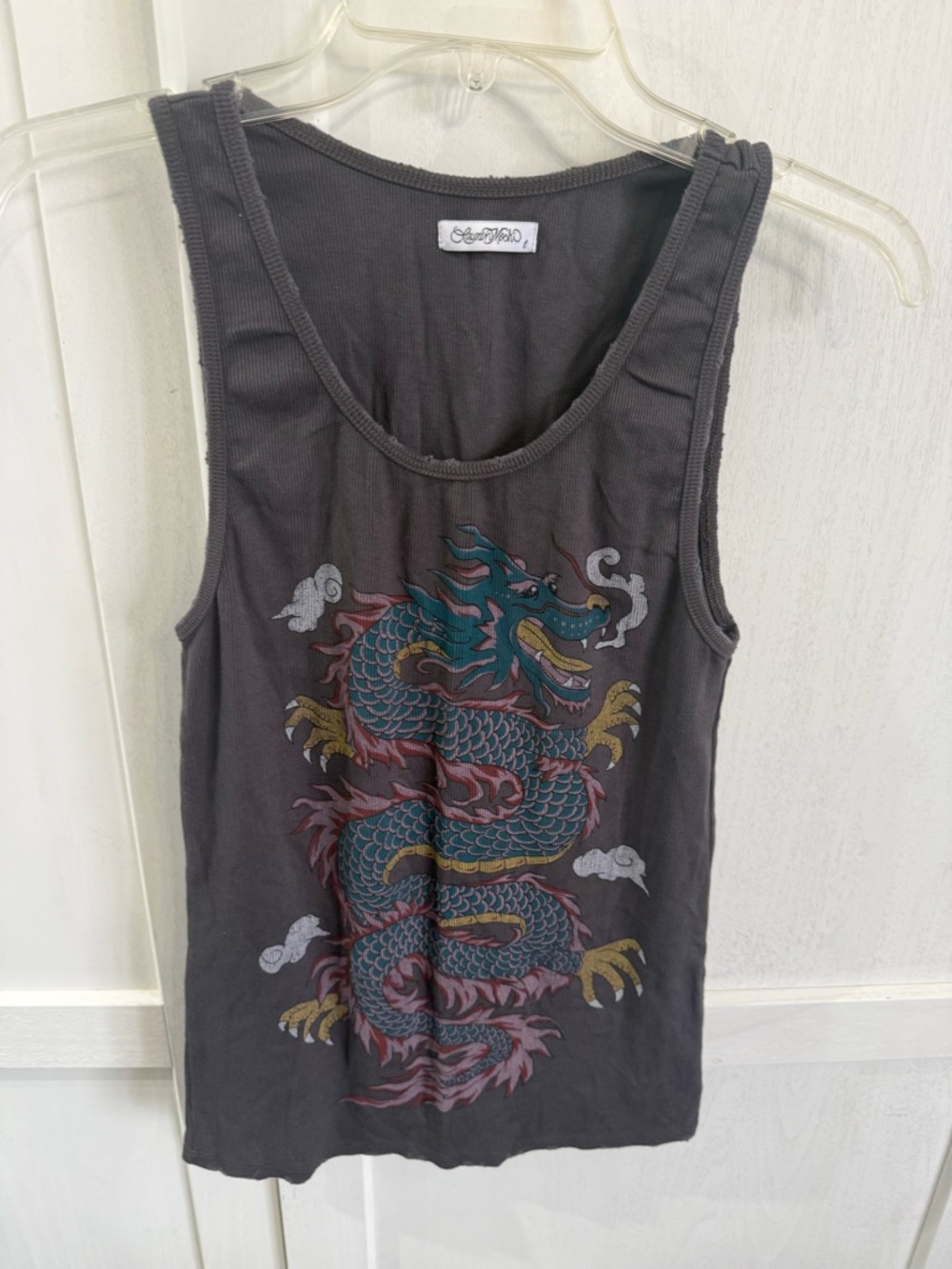 Lauren Moshi Charcoal Tank with Multicolor Dragon Print